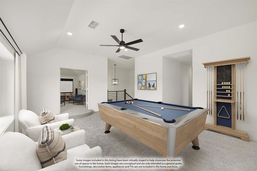 Game room with pool table, cue rack, seating area, and vaulted ceiling with ceiling fan