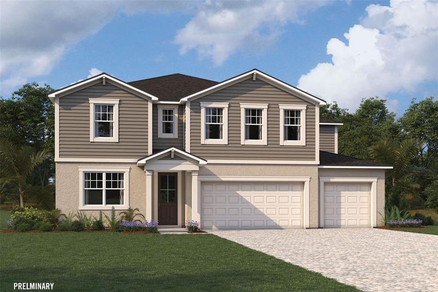 Front exterior of a new home in Crosswind Ranch, Parrish, FL, highlighting curb appeal (Image 1). Front exterior of a new home in Crosswind Ranch, Parrish, FL, highlighting curb appeal (Image 1).