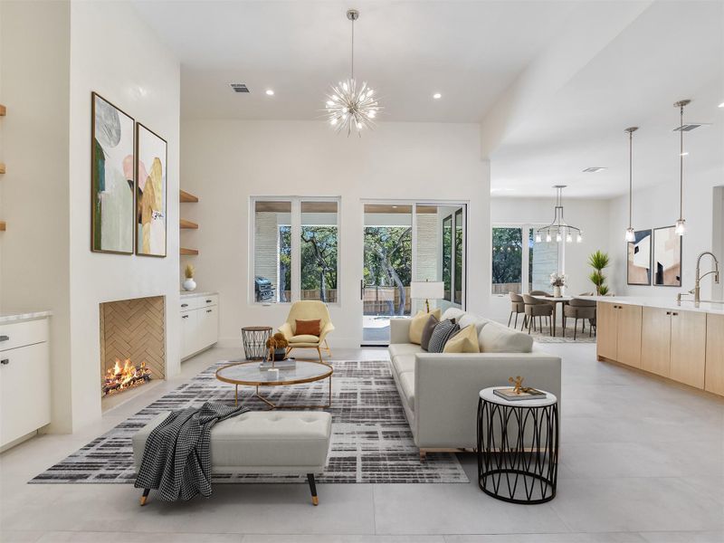 Virtually Stage- Living room with recessed lighting, a fireplace and an inviting chandelier