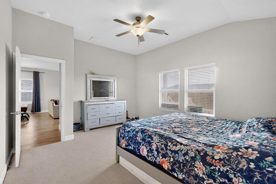 Carpeted bedroom with multiple windows and a ceiling fan Carpeted bedroom with multiple windows and a ceiling fan