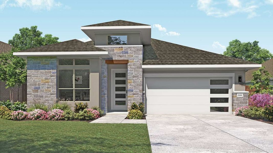 Representative exterior photo of a completed home built from the Willow by DRB Homes in Sunfield, Buda, TX (Image 7).