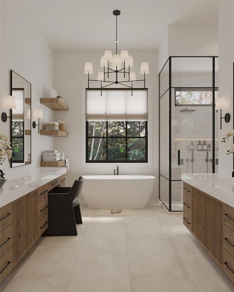 Bathroom featuring tile patterned floors, separate shower and tub, plenty of natural light, and vanity