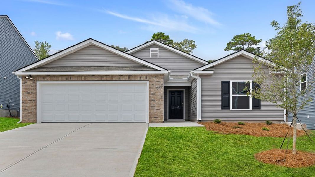 Front exterior of a new home in Bentley Park, Greenwood, SC, highlighting curb appeal (Image 1).