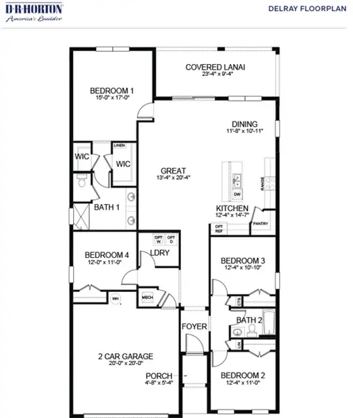 2D floor plan layout for the Delray by D.R. Horton in Cypress Bay West, Palm Bay, FL (Image 3). 2D floor plan layout for the Delray by D.R. Horton in Cypress Bay West, Palm Bay, FL (Image 3).