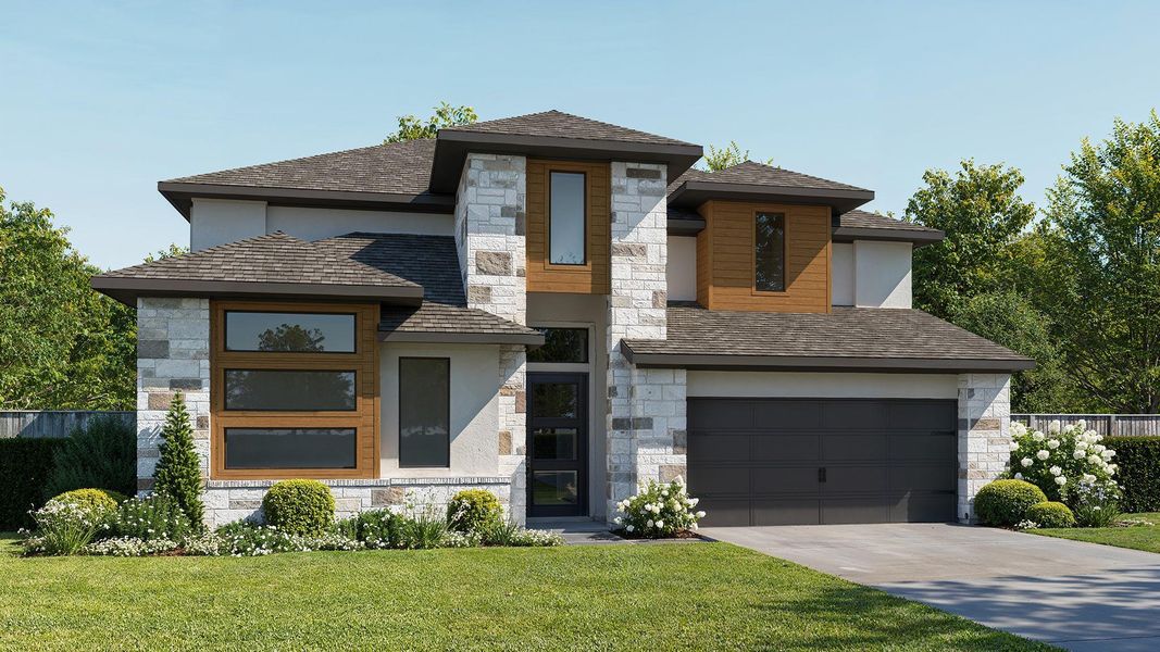 Front exterior of a new home in Lakes of Cane Island, Katy, TX, highlighting curb appeal (Image 1). Front exterior of a new home in Lakes of Cane Island, Katy, TX, highlighting curb appeal (Image 1).