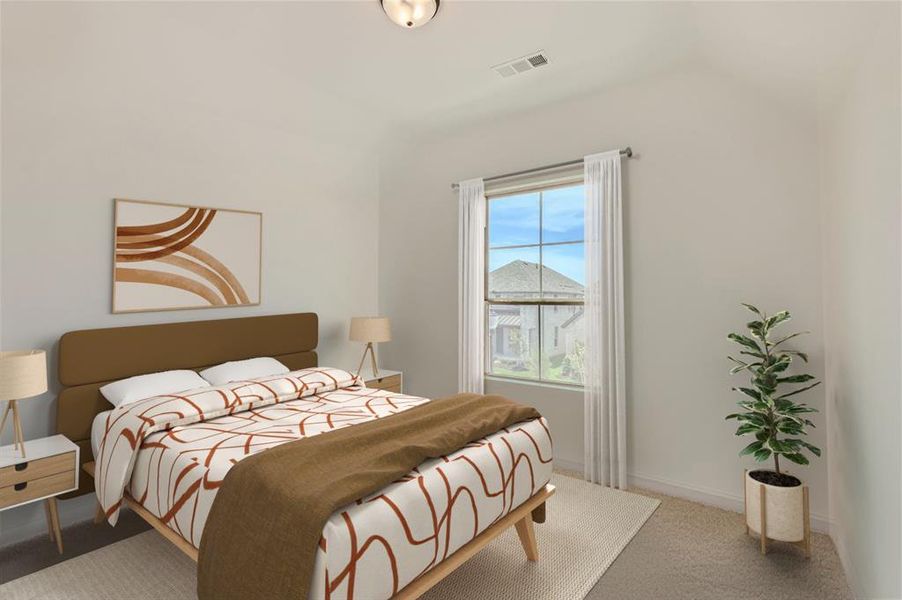 Virtually Staged Photo - Bedroom featuring lofted ceiling and carpet