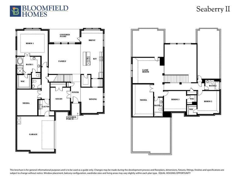Bloomfield Homes Seaberry II two-story floor plan with three bedrooms, game room, media room, and garage. Bloomfield Homes Seaberry II two-story floor plan with three bedrooms, game room, media room, and garage.