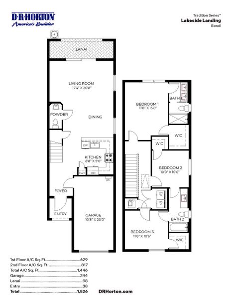 2D floor plan layout for the Bondi by D.R. Horton in Lakeside Landing, Royal Palm Beach, FL (Image 5). 2D floor plan layout for the Bondi by D.R. Horton in Lakeside Landing, Royal Palm Beach, FL (Image 5).