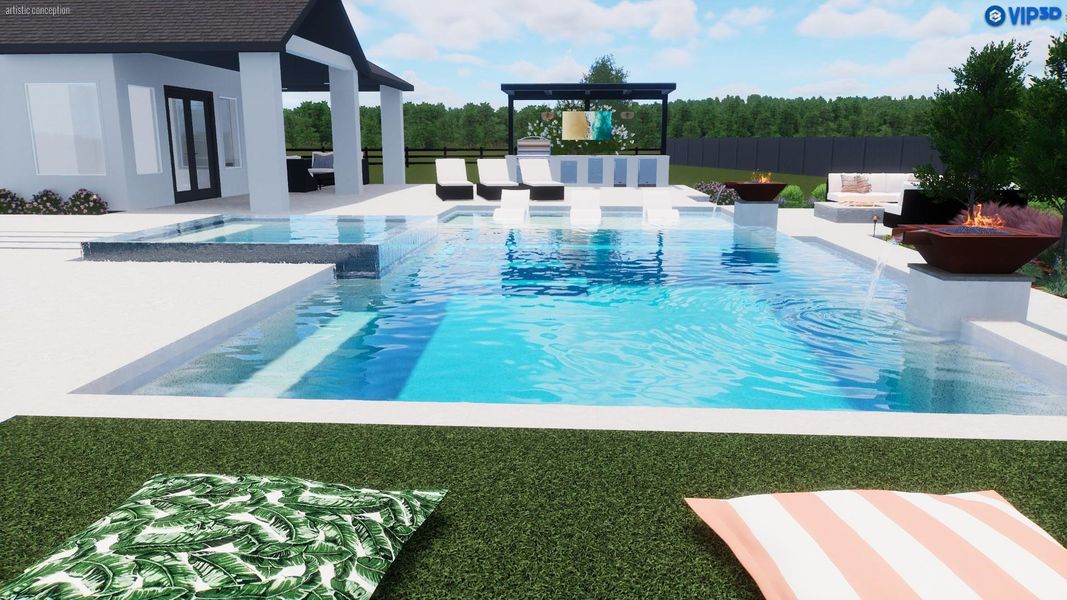***Virtual pool rendering of a luxurious outdoor area featuring a spacious swimming pool, sun loungers, and a shaded seating area.*** Not actual backyard, just a vision of what your outdoor oasis could look like.