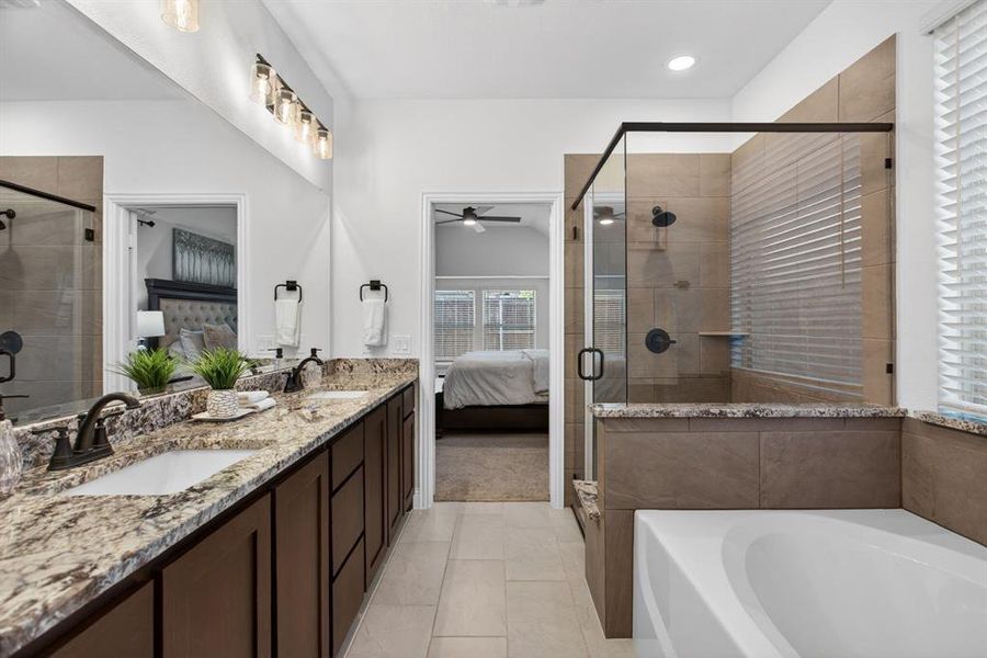 Big soaking tub and separate walk-in shower. Classic good looks. Great setup. Big soaking tub and separate walk-in shower. Classic good looks. Great setup.