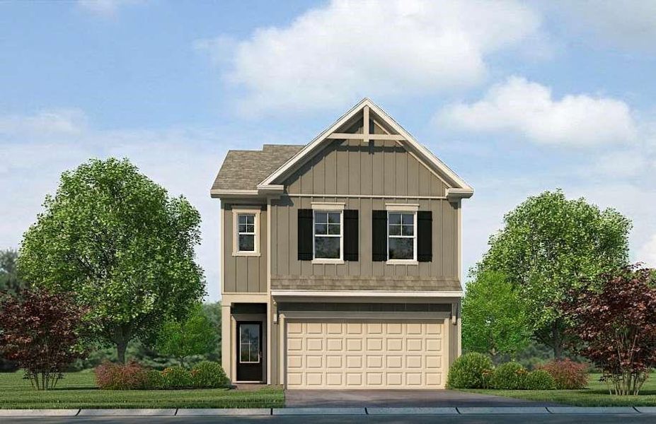 Front exterior of a new home in Barons Court, Ellenwood, GA, highlighting curb appeal (Image 1). Front exterior of a new home in Barons Court, Ellenwood, GA, highlighting curb appeal (Image 1).
