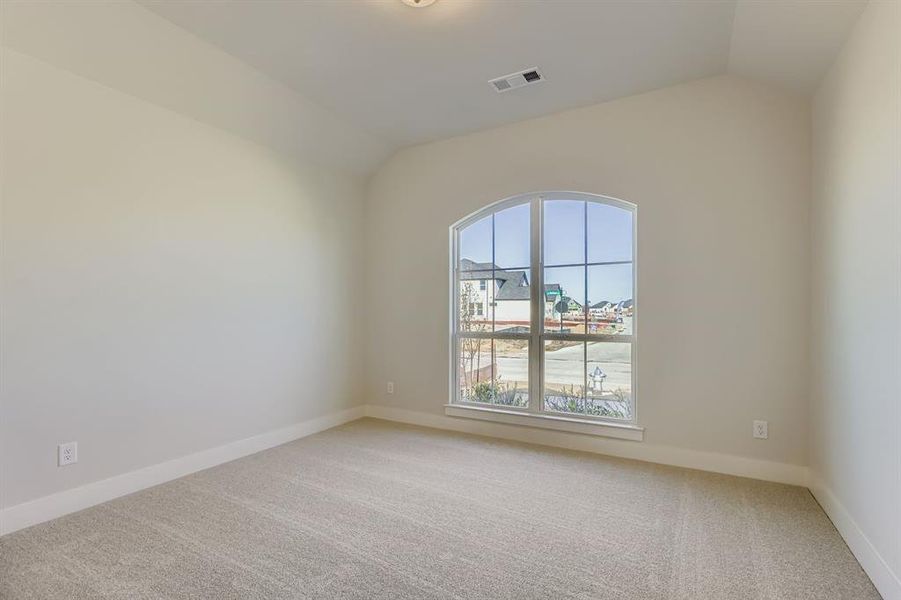Unfurnished room featuring lofted ceiling and light carpet