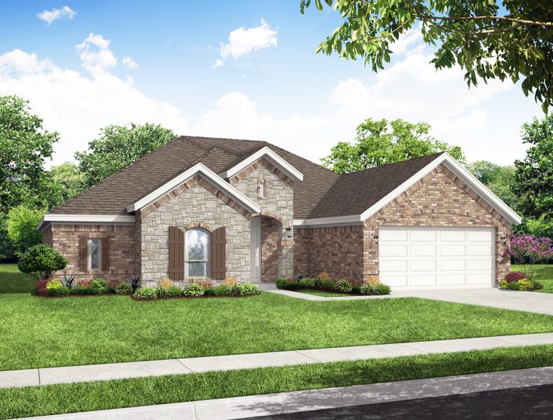 Representative exterior photo of a completed home built from the Alderbury by Impression Homes in Timberbrook, Justin, TX (Image 9). Representative exterior photo of a completed home built from the Alderbury by Impression Homes in Timberbrook, Justin, TX (Image 9).