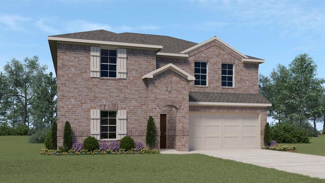 View of front of home featuring a garage and a front lawn