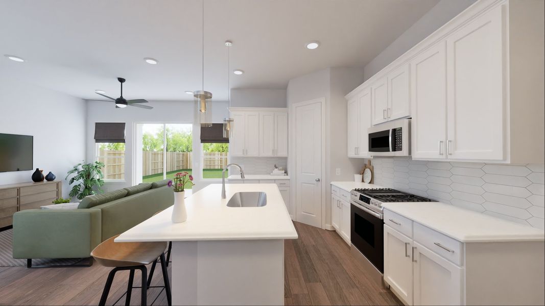 Representative furnished interior of a home built from the Dominic by New Home Co. in The Villas Collection at Novel, Austin (Image 7).