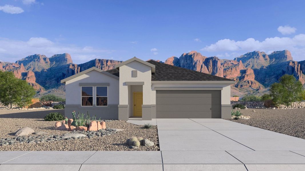 Front exterior of a new home in Quail Ranch, San Tan Valley, AZ, highlighting curb appeal (Image 1).