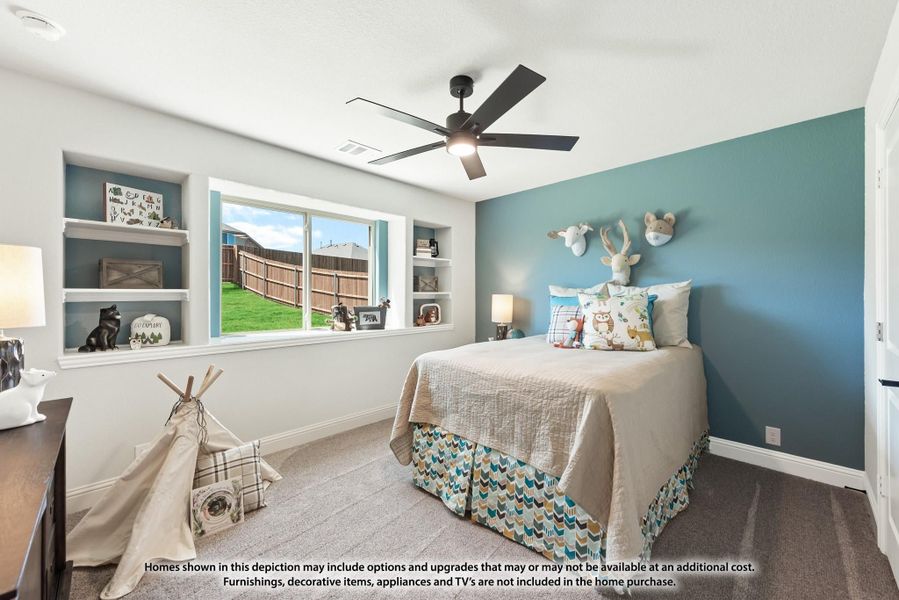 Children's bedroom with teal accent wall, ceiling fan, built-in shelves, and large window overlooking backyard Children's bedroom with teal accent wall, ceiling fan, built-in shelves, and large window overlooking backyard