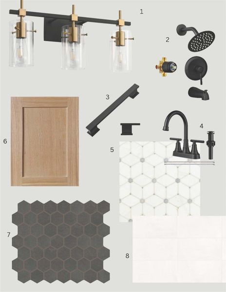PRIMARY BATHROOM 1.Sottae 3-Light Matte Black and Gold Vanity Light 2.Shower fixture 3.Hardware 4.Vanity faucet 5.Cecily Grigio Polished shower floor 6.Vanity cabinets 7.Moroccan Concrete Charcoal 8.New York LCT White 12x24 Shower Wall