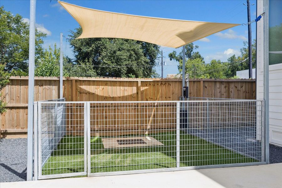 A shared fenced dog park with shade sails, turf, and a pet waste station gives four legged family members room to play close to home. A shared fenced dog park with shade sails, turf, and a pet waste station gives four legged family members room to play close to home.
