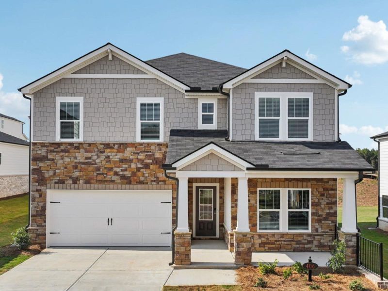 Front exterior of a new home in Parkside at Grayson, Grayson, GA, highlighting curb appeal (Image 1). Front exterior of a new home in Parkside at Grayson, Grayson, GA, highlighting curb appeal (Image 1).