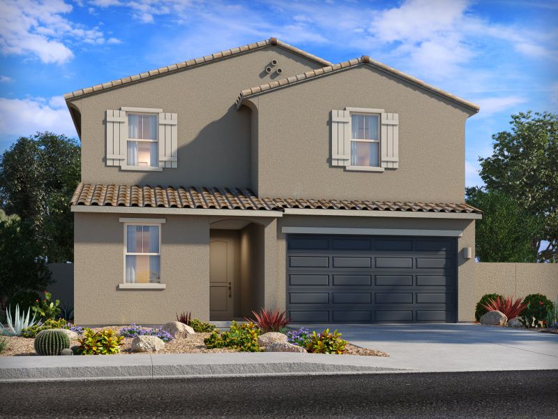 Representative exterior photo of a completed home built from the Emerald by Meritage Homes in Las Patrias at Star Valley Phase III - Premier Series, Tucson, AZ (Image 2). Representative exterior photo of a completed home built from the Emerald by Meritage Homes in Las Patrias at Star Valley Phase III - Premier Series, Tucson, AZ (Image 2).