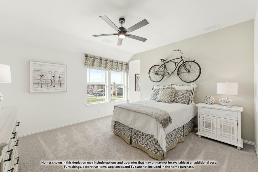 Bedroom with vaulted ceiling, ceiling fan, carpet flooring, and a decorative bicycle mounted on the wall above the bed. Bedroom with vaulted ceiling, ceiling fan, carpet flooring, and a decorative bicycle mounted on the wall above the bed.