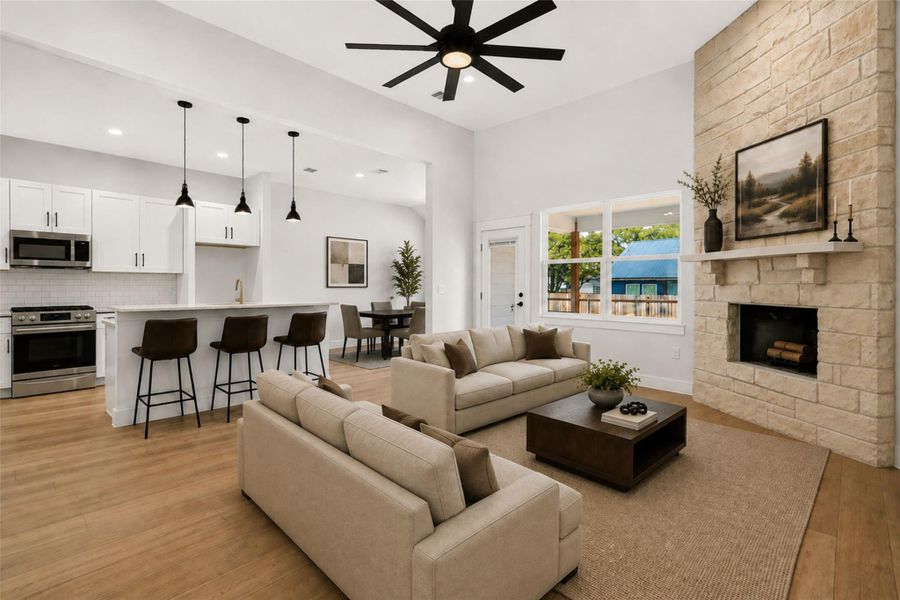Virtually staged living and kitchen - the range was not in at the time of photos, this is virtually staged as well.