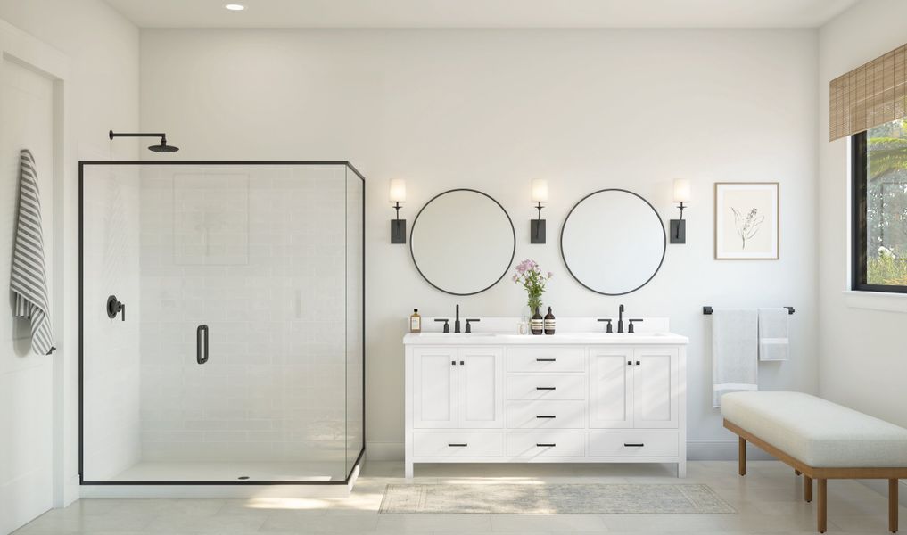 Primary bath with freestanding dual vanities