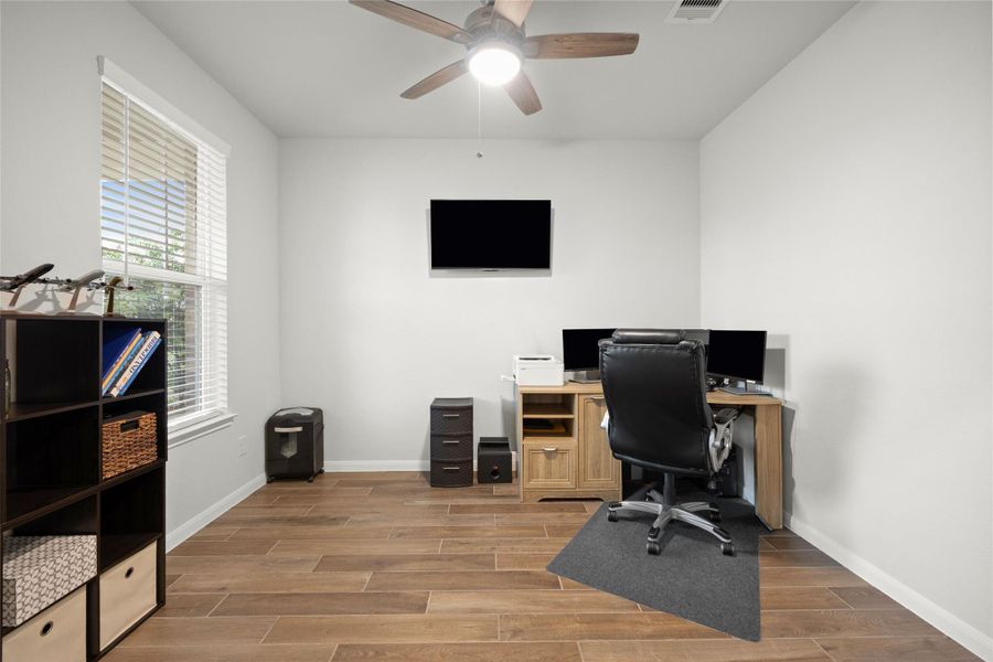 Located just off the entry, the private office provides a quiet space for work or study. Located just off the entry, the private office provides a quiet space for work or study.