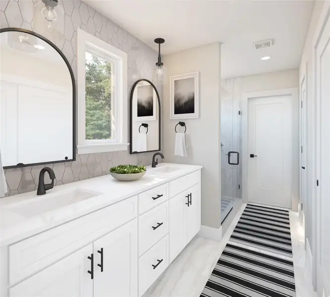The Laurel Floor Plan - 3 Bed/2.5 Bath; Bathroom with a walk in shower, double vanity, and recessed lighting and two primary closets