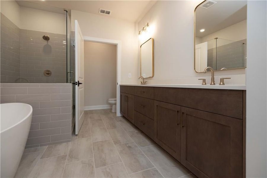 Full bathroom with vanity, plus walk in shower, and toilet