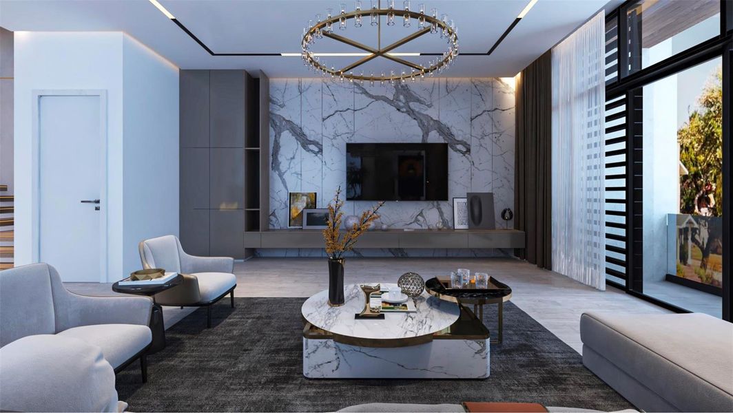 This modern living room features a sleek design with marble accents, a large TV, and a stylish chandelier. Ample natural light floods in through expansive windows, complementing the neutral color palette and contemporary furniture. Ideal for elegant, comfortable living. Virtually staged. This modern living room features a sleek design with marble accents, a large TV, and a stylish chandelier. Ample natural light floods in through expansive windows, complementing the neutral color palette and contemporary furniture. Ideal for elegant, comfortable living. Virtually staged.