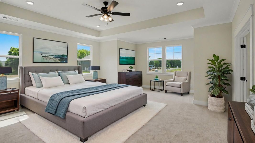 Primary suite with tray ceiling, ceiling fan, and carpet Primary suite with tray ceiling, ceiling fan, and carpet