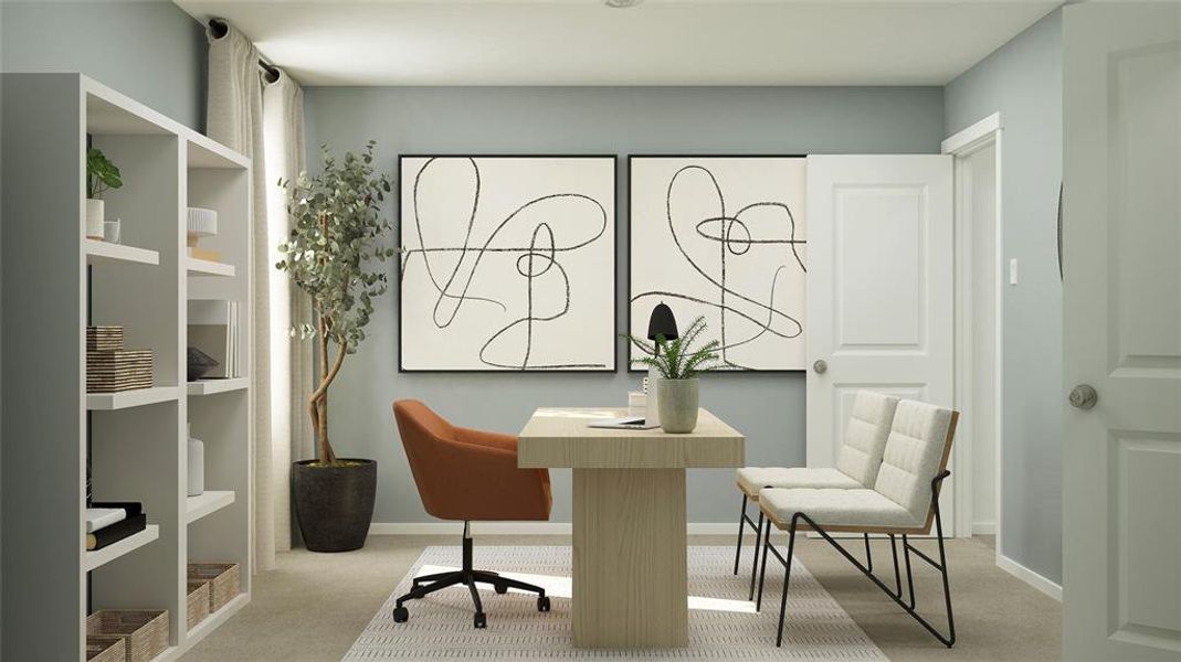Carpeted home office featuring baseboards