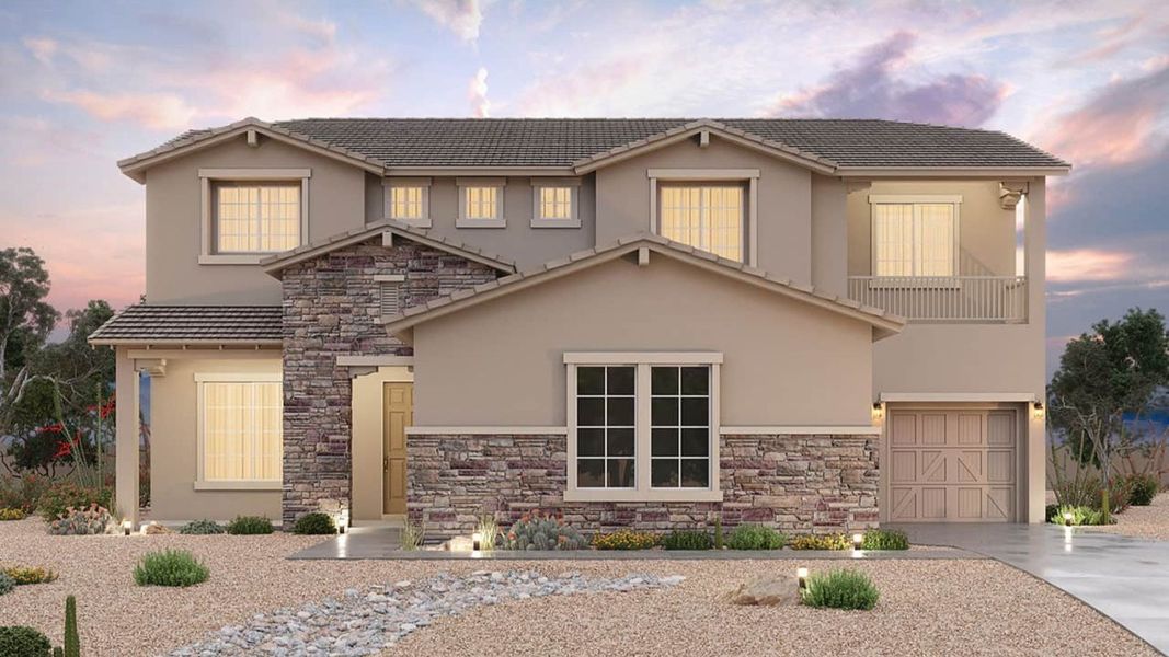 Representative exterior photo of a completed home built from the Valencia by Brightland Homes in Arroyo Seco - Palazzo, Buckeye, AZ (Image 2). Representative exterior photo of a completed home built from the Valencia by Brightland Homes in Arroyo Seco - Palazzo, Buckeye, AZ (Image 2).