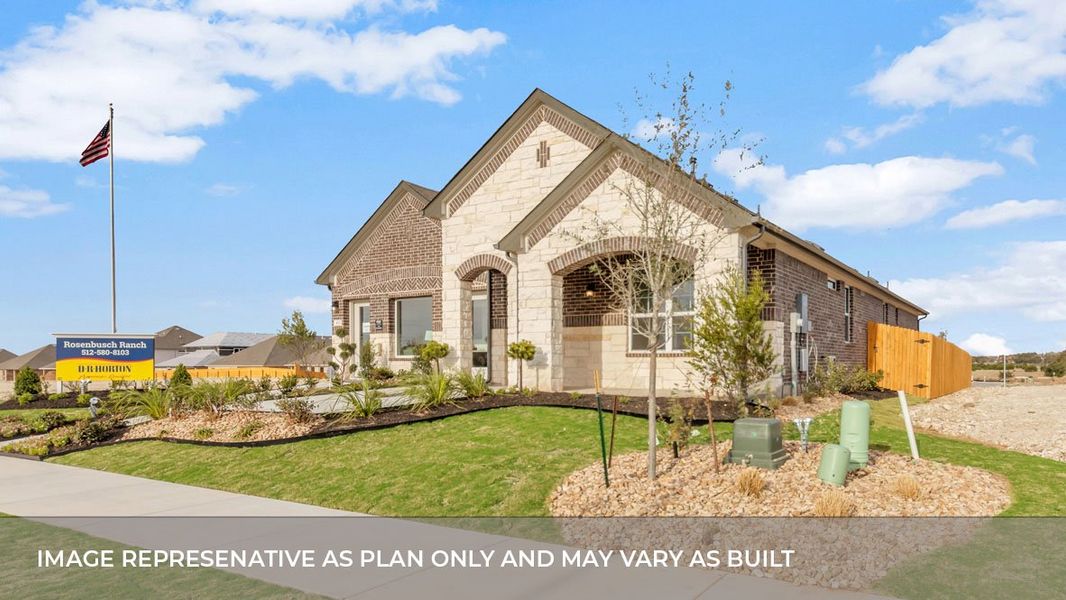 Front exterior of a new home in Rosenbusch Ranch, Leander, TX, highlighting curb appeal (Image 2). Front exterior of a new home in Rosenbusch Ranch, Leander, TX, highlighting curb appeal (Image 2).