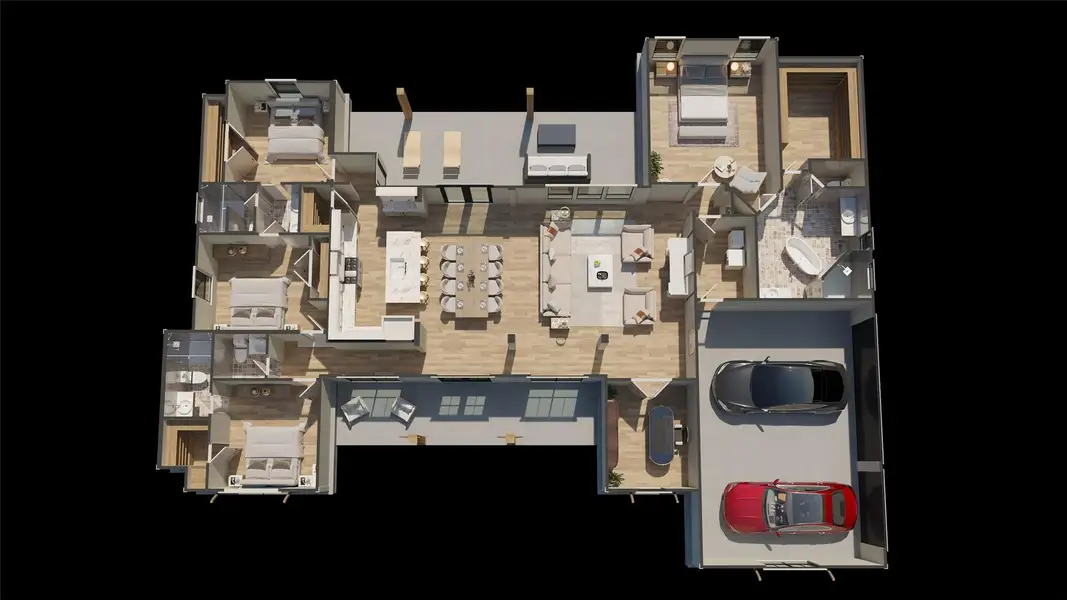 Visualize an entire floor plan with ample space for living, dining, and multiple private quarters. Visualize an entire floor plan with ample space for living, dining, and multiple private quarters.