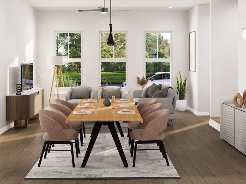 A bright and inviting dining space that flows seamlessly from the kitchen for effortless entertaining family and friends. Image depicts artist's rendering. Colors and selections my vary from the final product. See New Home Consultant for details.