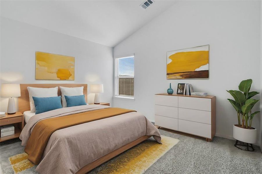 Secondary bedroom features plush carpet, neutral paint, high ceilings, and a large window with privacy blinds.