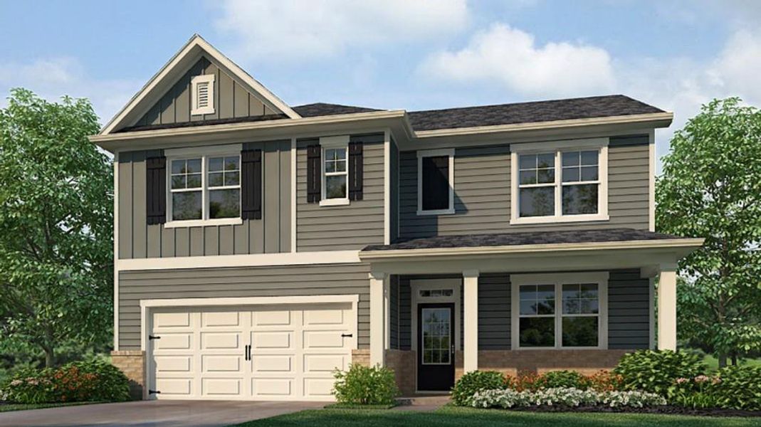 Front exterior of a new home in Thompson Ridge, Dallas, GA, highlighting curb appeal (Image 1).