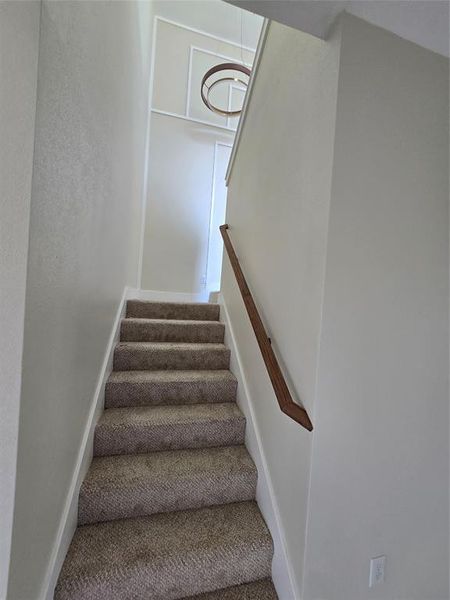 Stairway featuring carpet floors and baseboards
