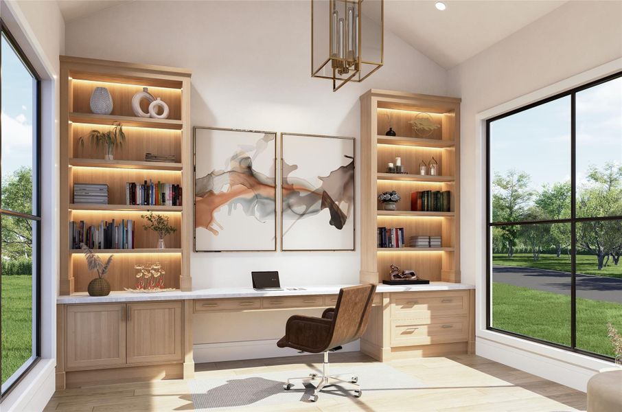 Designed to inspire, this home office showcases vaulted ceilings, oversized windows, and custom built-ins that blend storage and display. The tailored desk and warm oak tones contribute to a serene workspace that supports focus while reflecting the home’s elevated aesthetic.