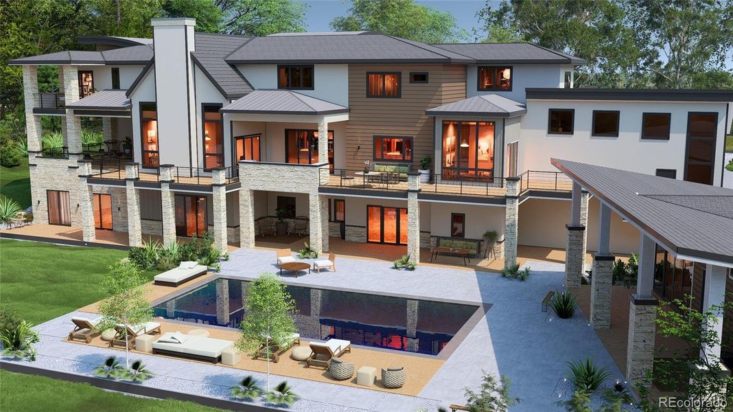 Rendering of stunning new custom estate showcasing resort style living, expertly crafted by Flatiron Development & Custom Homes.