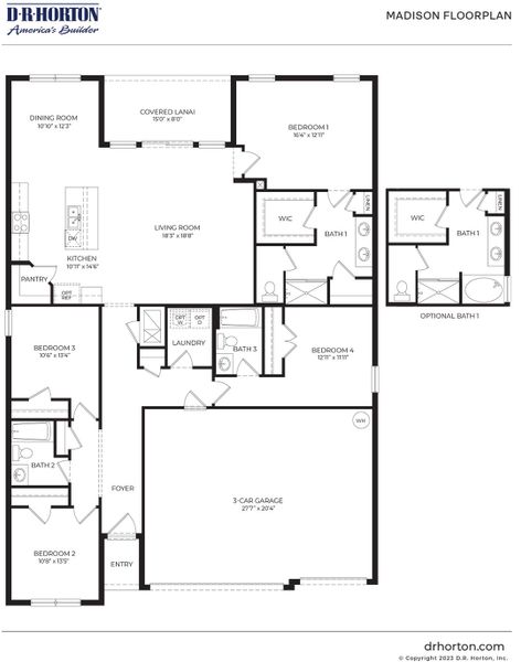 2D floor plan layout for the Madison by D.R. Horton in Cypress Bay West, Palm Bay, FL (Image 3). 2D floor plan layout for the Madison by D.R. Horton in Cypress Bay West, Palm Bay, FL (Image 3).