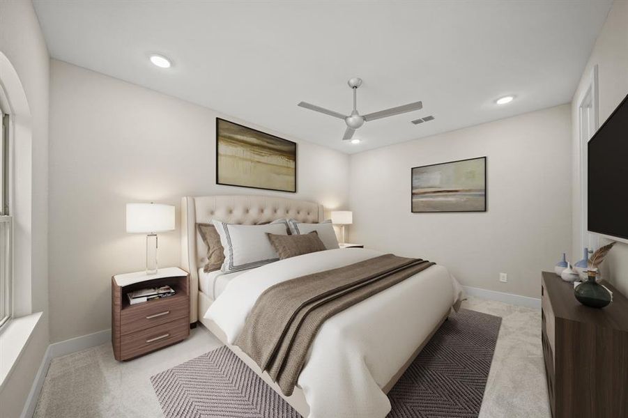 Virtually Staged: Secondary Bedroom with carpet floors, recessed lighting, neutral paint, and a ceiling fan.