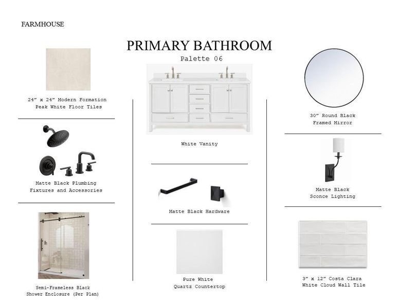 Farmhouse Look Palette 6: Primary Bathroom Selection Sheet (*Artist rendering used for illustration purposes only.)