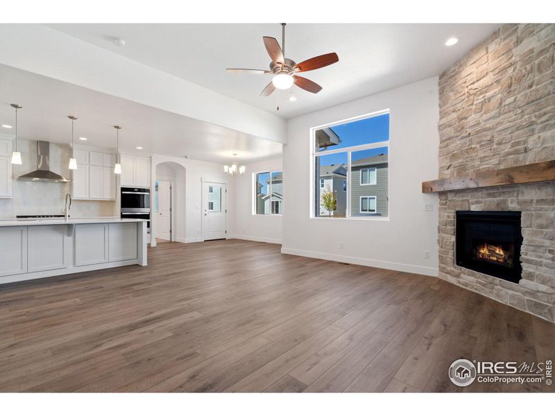 Great Room with Stone to Ceiling Gas Fireplace!