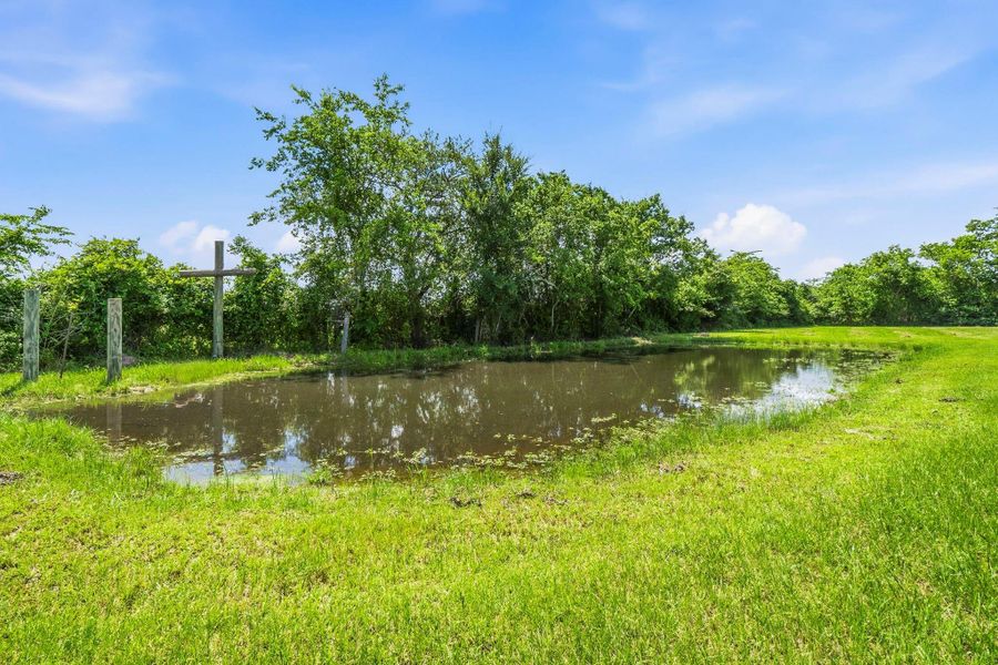 Expansive 100 x 60 ft pond offers endless possibilities—perfect for stocking fish or designing a relaxing outdoor retreat. The current owner has installed beams with future plans for a bridge, creating a unique opportunity to complete and customize a peaceful gathering space overlooking the water.