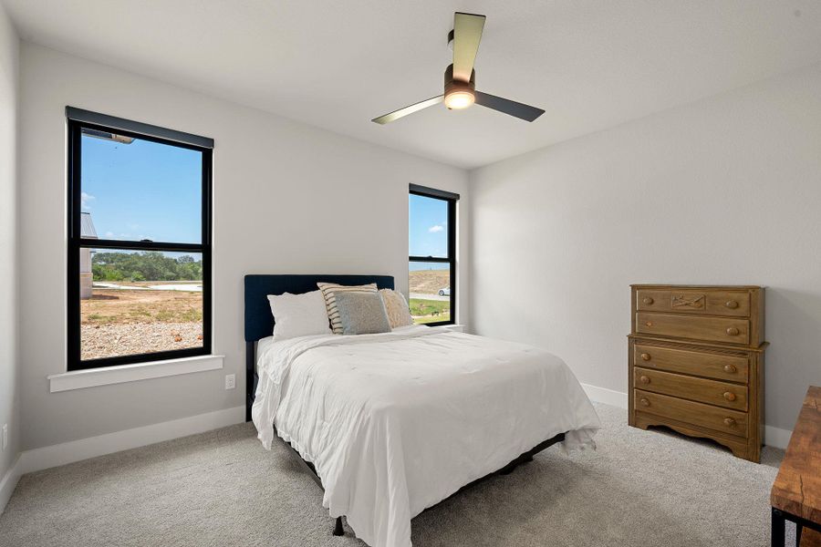 Natural light pours through black-framed windows onto plush carpeted flooring in this comfortable bedroom.