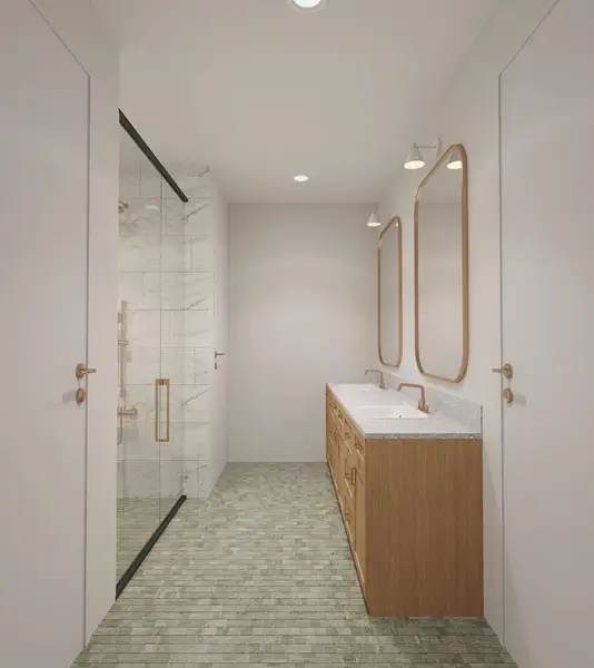 Full bath featuring a stall shower, double vanity, and recessed lighting Full bath featuring a stall shower, double vanity, and recessed lighting